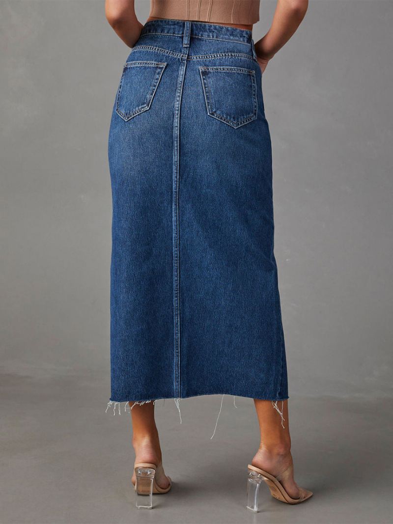 Denim Volledige Rok Dames Rasied Taille Hoge Split Ritssluiting Franjerokken - Blauw