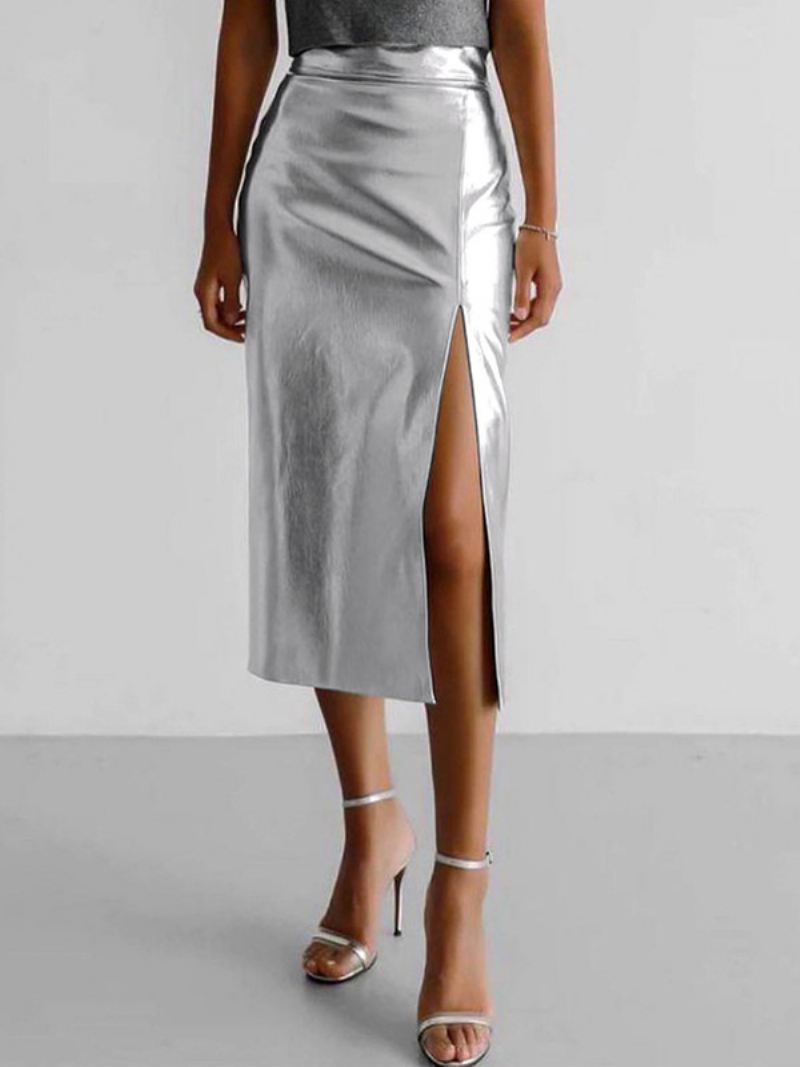 Metallic Kleur Rok Hoge Taille Pu Lederen Broek Met Split Dames