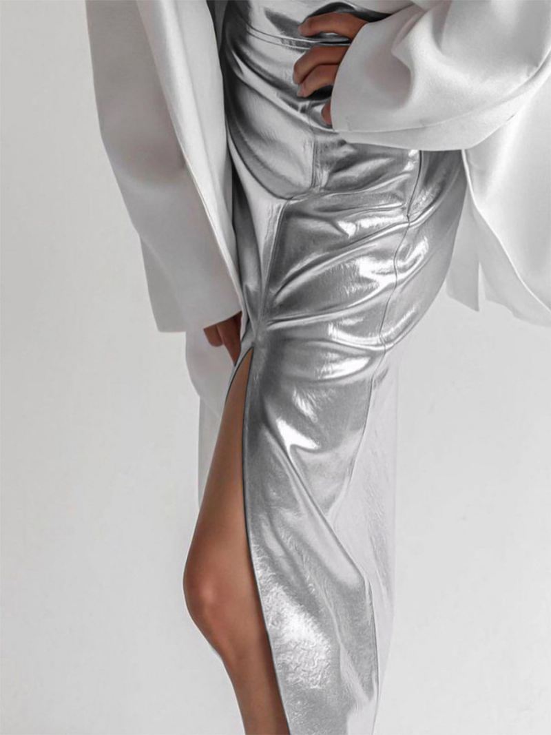 Metallic Kleur Rok Hoge Taille Pu Lederen Broek Met Split Dames - Zilver