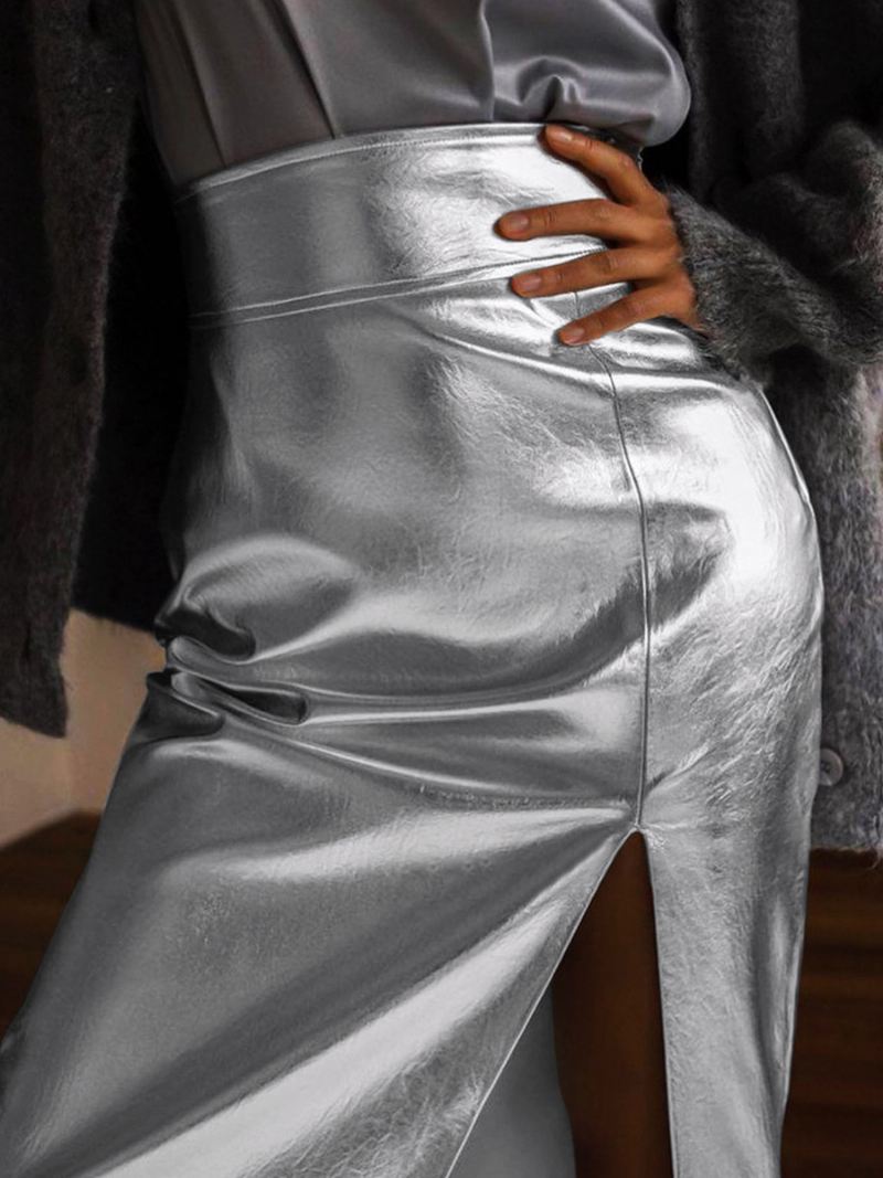 Metallic Kleur Rok Hoge Taille Pu Lederen Broek Met Split Dames - Zilver