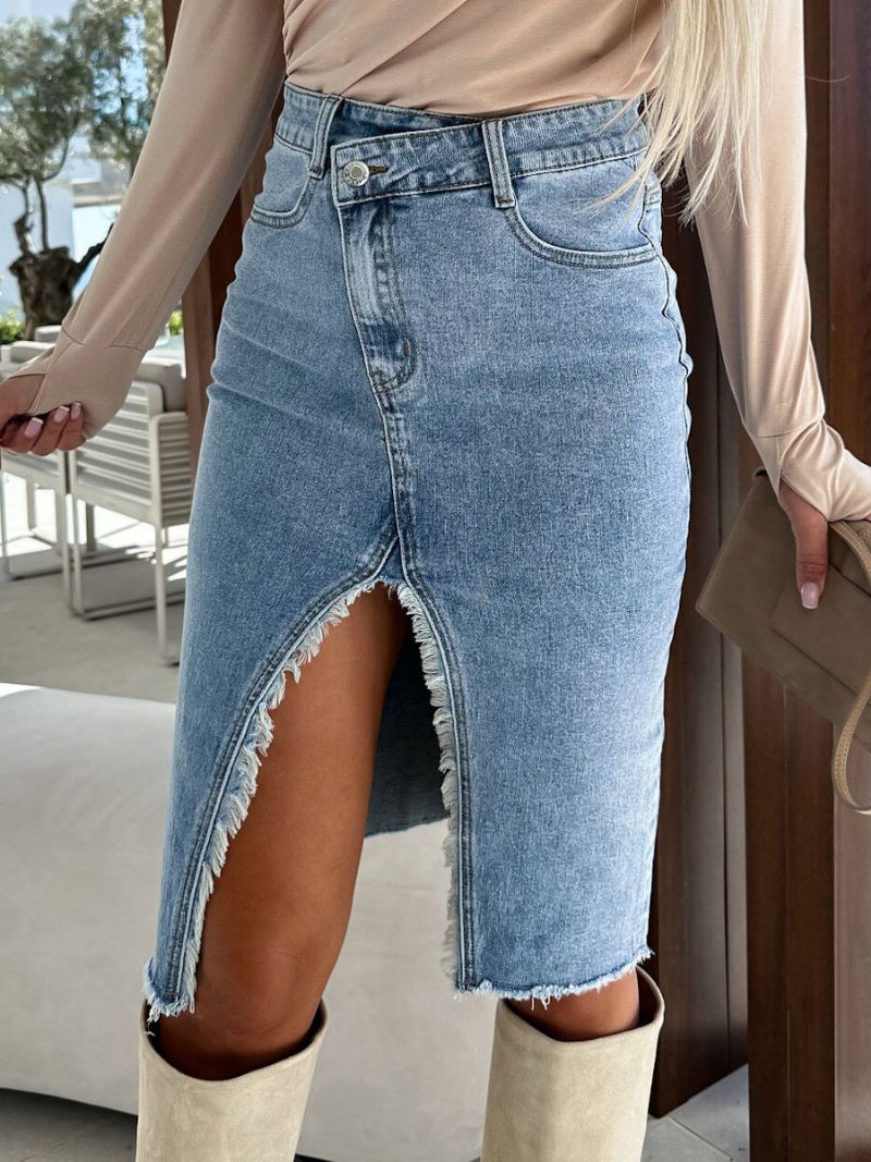 Retro-denimrok Hoge Taille Asymmetrische Damesbroek Met Split - Licht Hemelsblauw