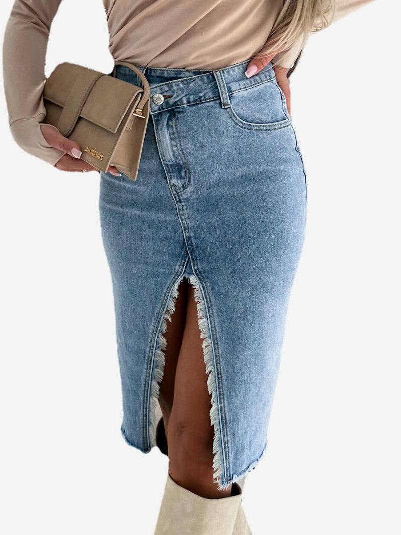 Retro-denimrok Hoge Taille Asymmetrische Damesbroek Met Split - Licht Hemelsblauw