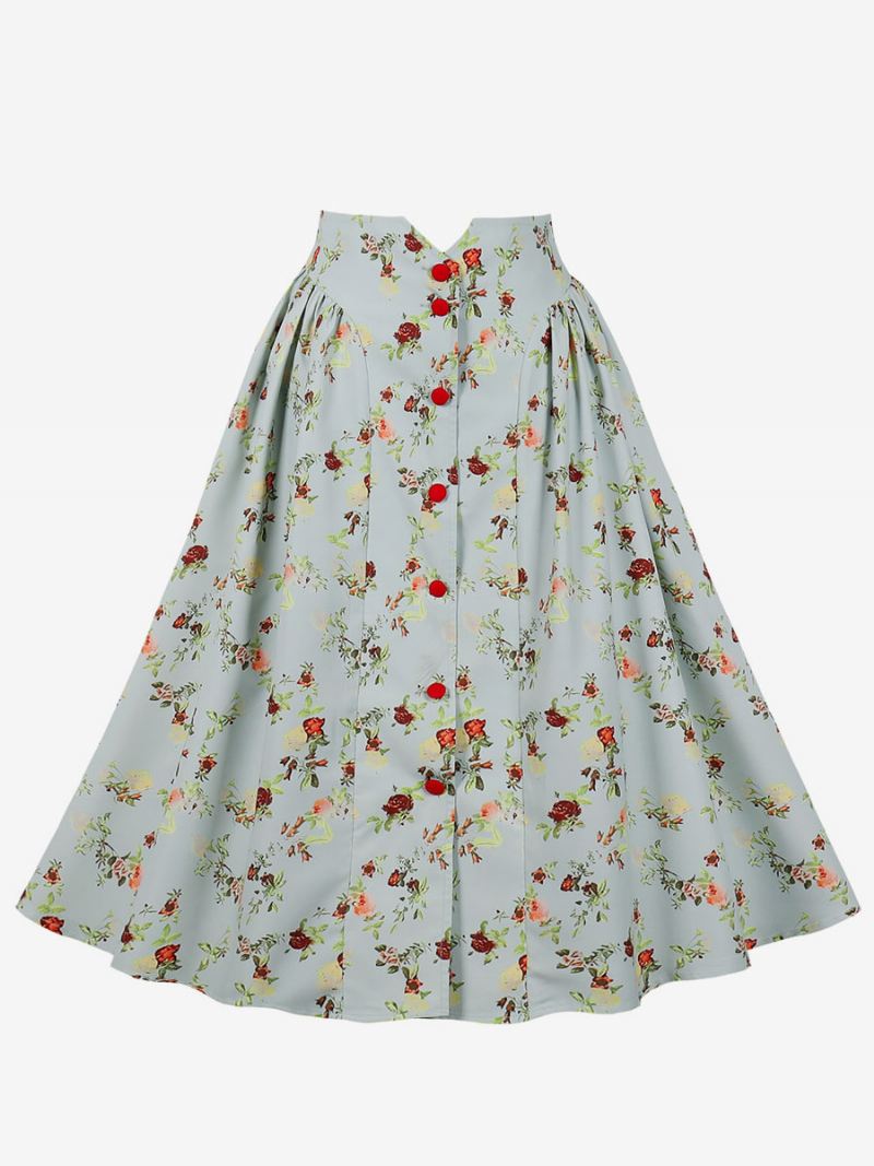 Rok Dames Lichte Hemelsblauwe Knopen Bloemenprint Knielengte Hoge Taille Herfst Winter Damesbroeken