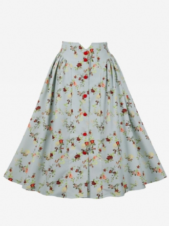 Rok Dames Lichte Hemelsblauwe Knopen Bloemenprint Knielengte Hoge Taille Herfst Winter Damesbroeken