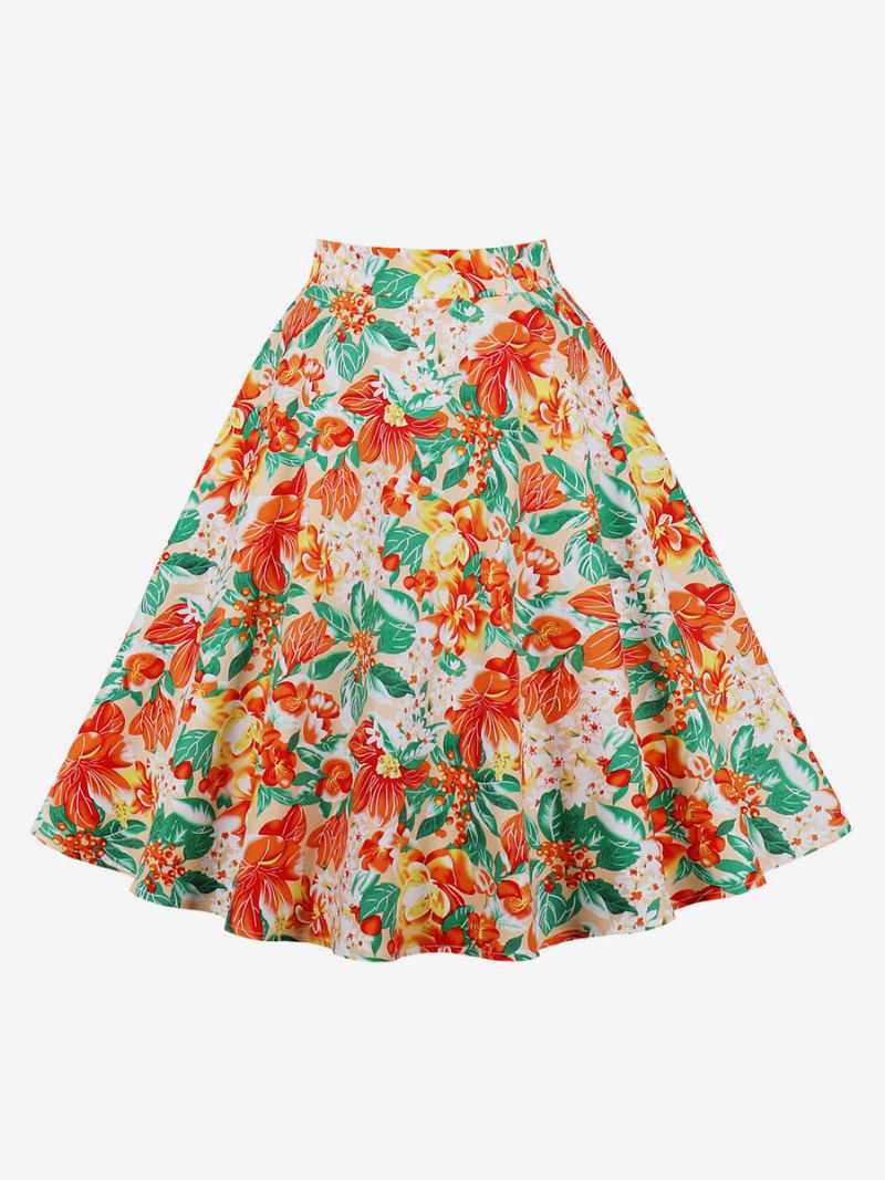 Rok Dames Rode Bloemenprint Katoen Knielengte Hoge Taille Herfst Winter Damesbroeken - Oranje