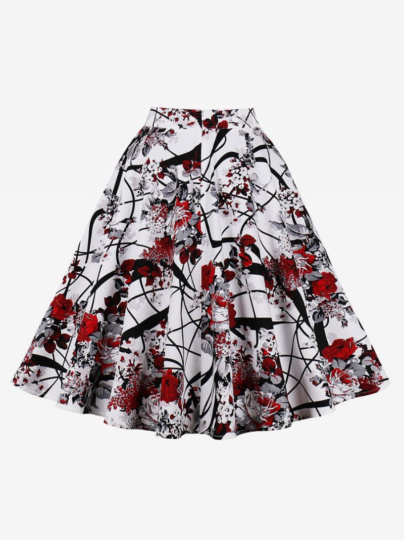 Rok Dames Rode Bloemenprint Katoen Knielengte Hoge Taille Herfst Winter Damesbroeken - Wit