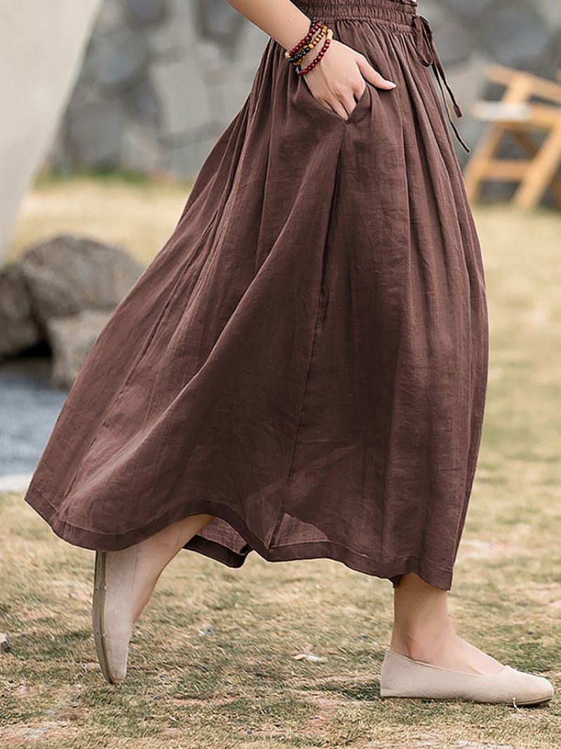 Rokken Wit Katoen Linnen Natuurlijke Taille Elegante Oversized Herfst Lange Damesbroeken - Koffie Bruin