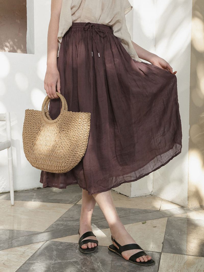 Rokken Wit Katoen Linnen Natuurlijke Taille Elegante Oversized Herfst Lange Damesbroeken - Koffie Bruin