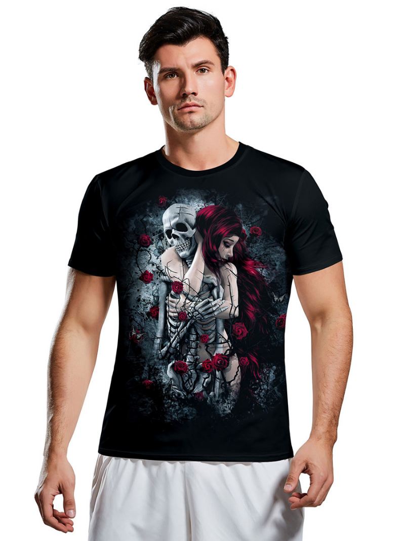 T-shirts Mannen Eng Halloween-slangpatroon Met Juweelhals Skelet Korte Mouwen Blouse - Lichtgrijs