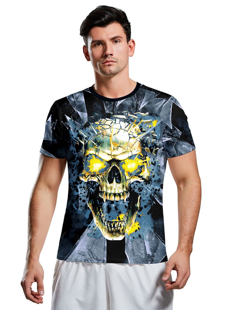 T-shirts Mannen Eng Halloween-slangpatroon Met Juweelhals Skelet Korte Mouwen Blouse - Diepblauw