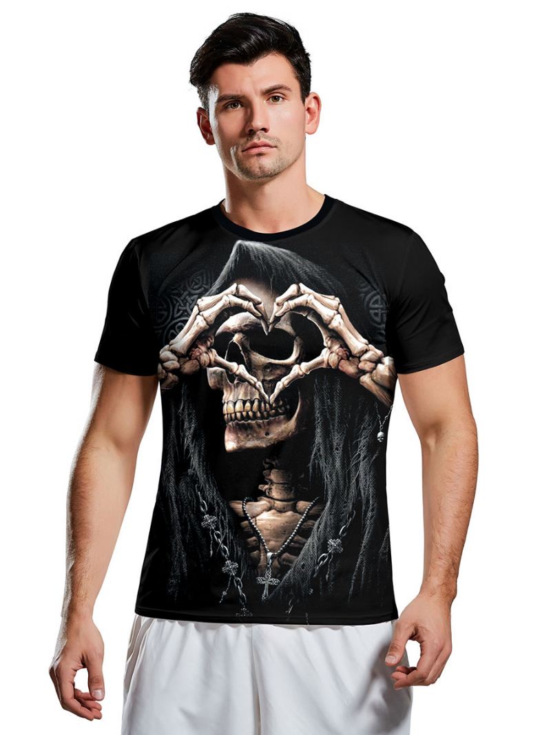 T-shirts Mannen Eng Halloween-slangpatroon Met Juweelhals Skelet Korte Mouwen Blouse - Zwart