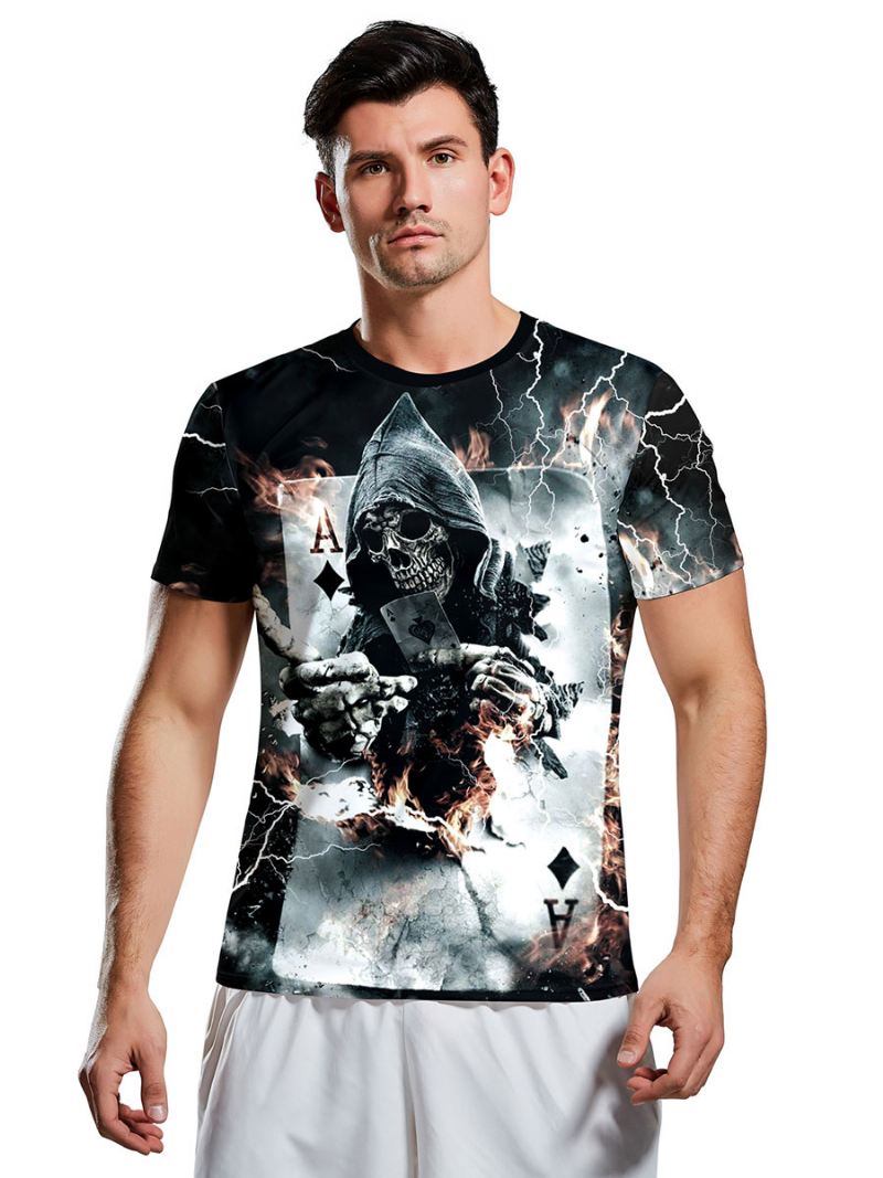 T-shirts Mannen Eng Halloween-slangpatroon Met Juweelhals Skelet Korte Mouwen Blouse - Wit