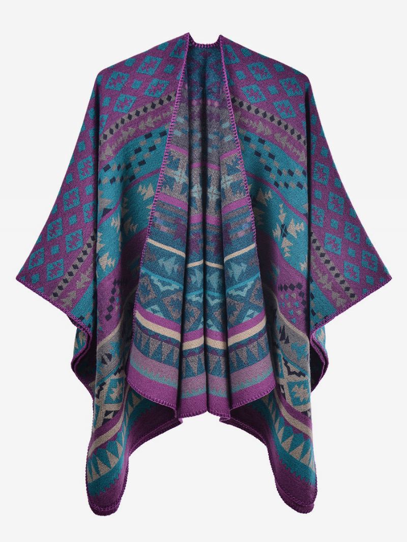 Boheemse Vrouwen Cape Geometrische Oversized Herfst-winterponcho - Paars