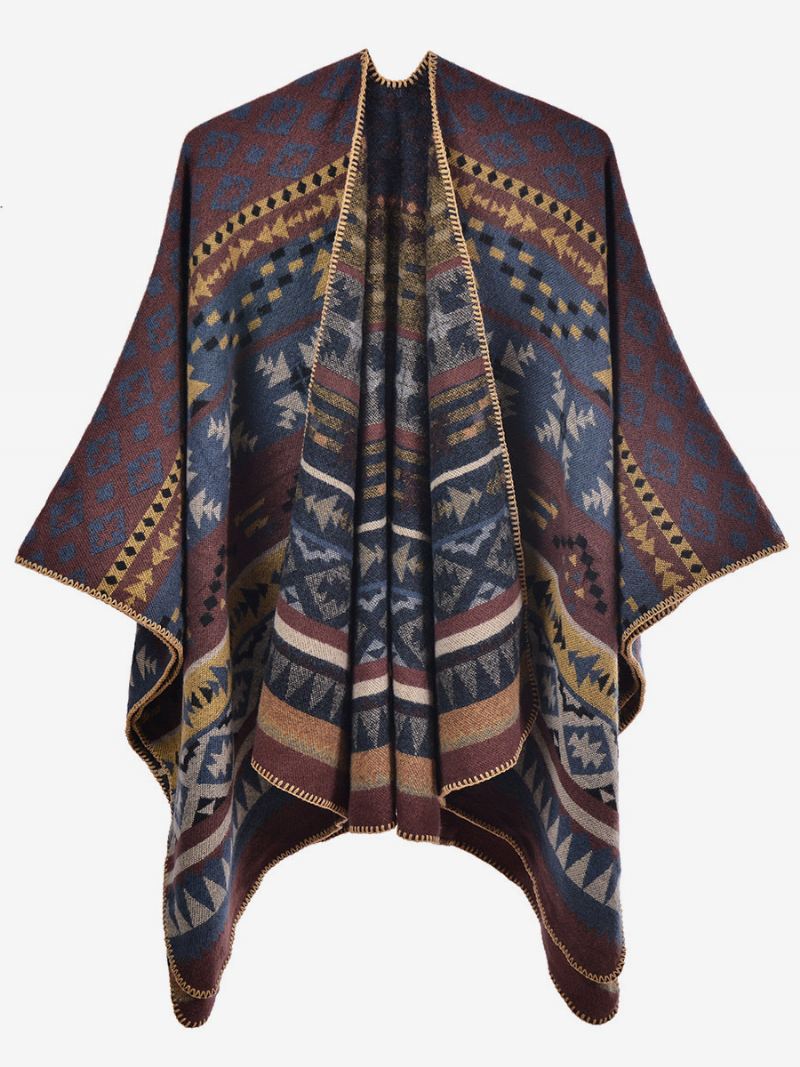 Boheemse Vrouwen Cape Geometrische Oversized Herfst-winterponcho - Donker Marineblauw