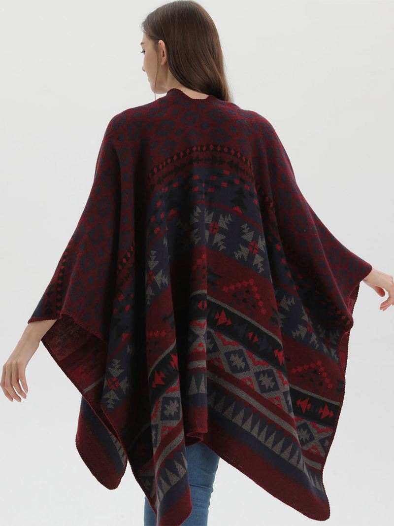 Boheemse Vrouwen Cape Geometrische Oversized Herfst-winterponcho - Bordeauxrood