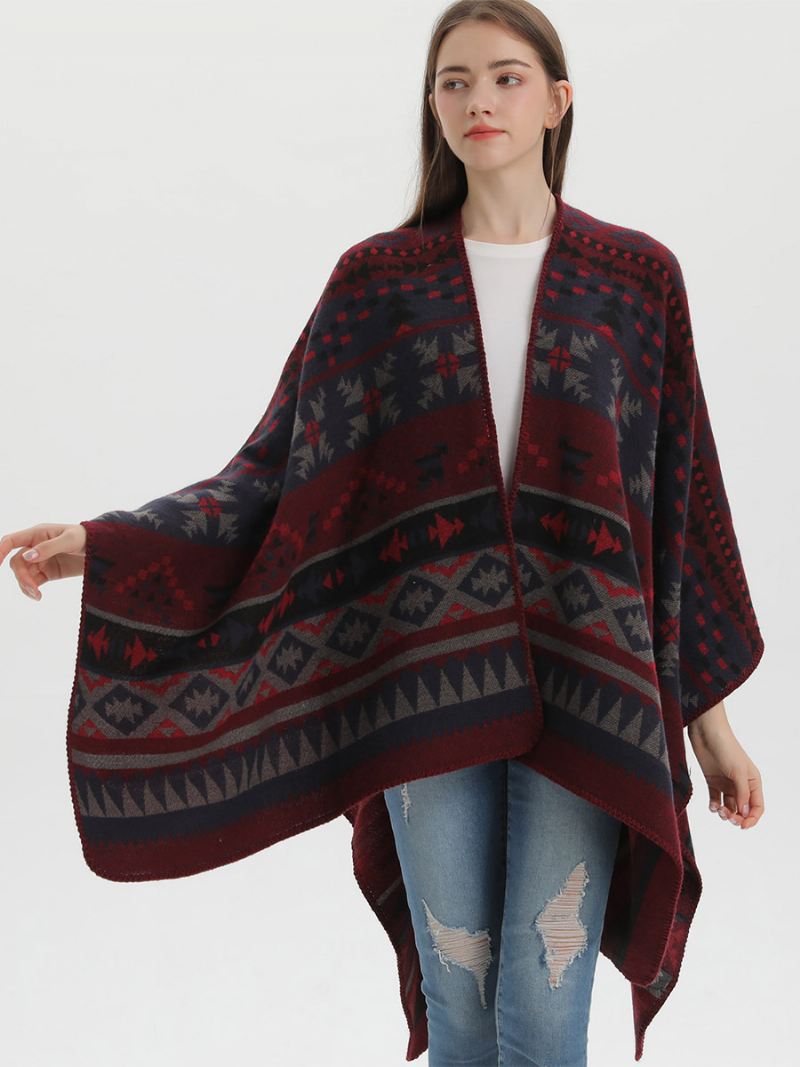 Boheemse Vrouwen Cape Geometrische Oversized Herfst-winterponcho - Bordeauxrood