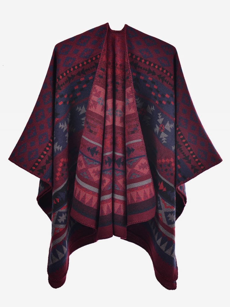 Boheemse Vrouwen Cape Geometrische Oversized Herfst-winterponcho - Bordeauxrood