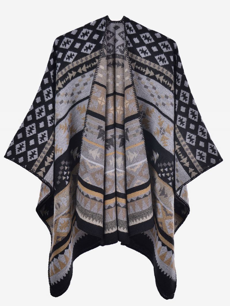 Boheemse Vrouwen Cape Geometrische Oversized Herfst-winterponcho - Zwart