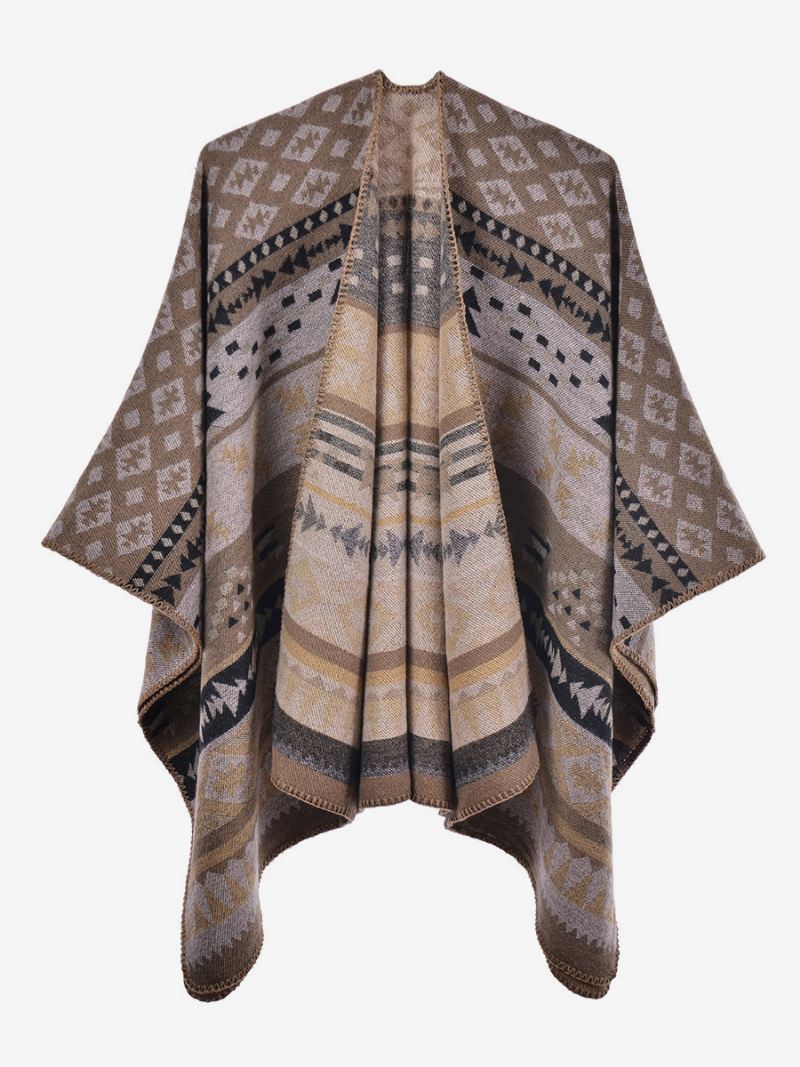 Boheemse Vrouwen Cape Geometrische Oversized Herfst-winterponcho - Kaki