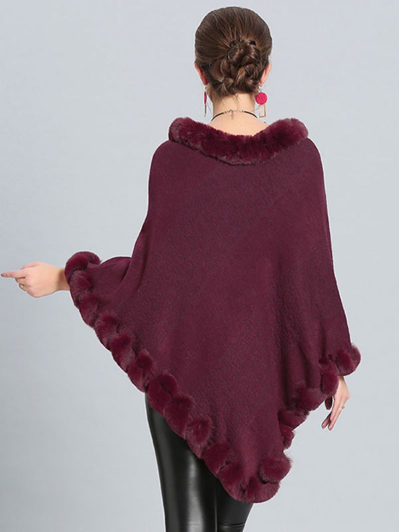 Bordeauxrode Poncho Bontzoom Cape Lente Bovenkleding Dames - Bordeauxrood