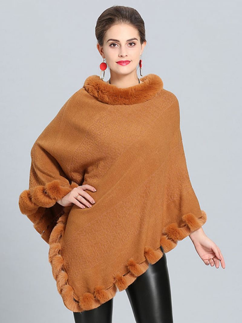 Bordeauxrode Poncho Bontzoom Cape Lente Bovenkleding Dames - Camel