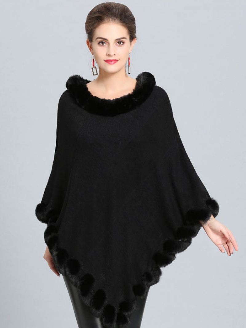 Bordeauxrode Poncho Bontzoom Cape Lente Bovenkleding Dames - Zwart