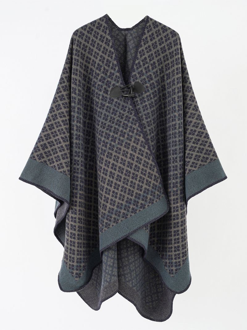 Dames Bedrukte Cape Met Knevelsluiting Dagelijkse Casual Poncho - Donker Marineblauw