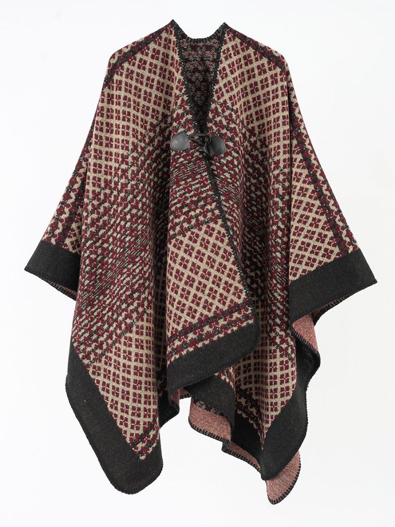 Dames Bedrukte Cape Met Knevelsluiting Dagelijkse Casual Poncho - Bordeauxrood