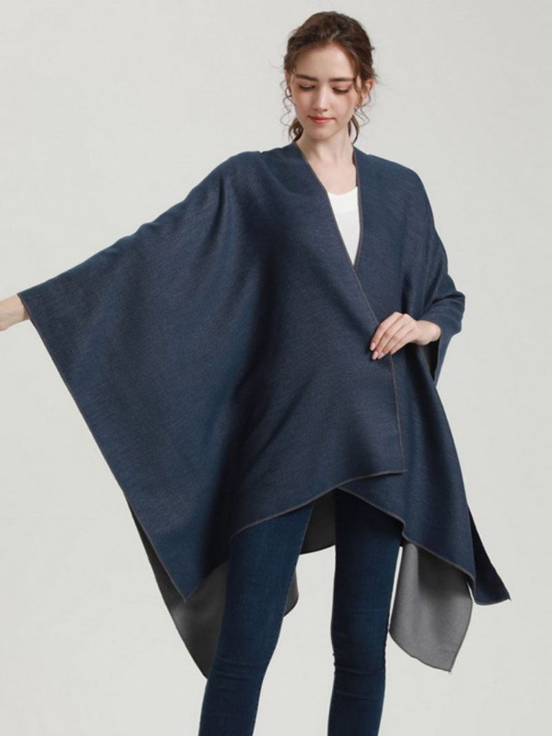 Dames Cape Color Block Oversized Dagelijks Casual Herfst Winter Poncho - Donker Marineblauw