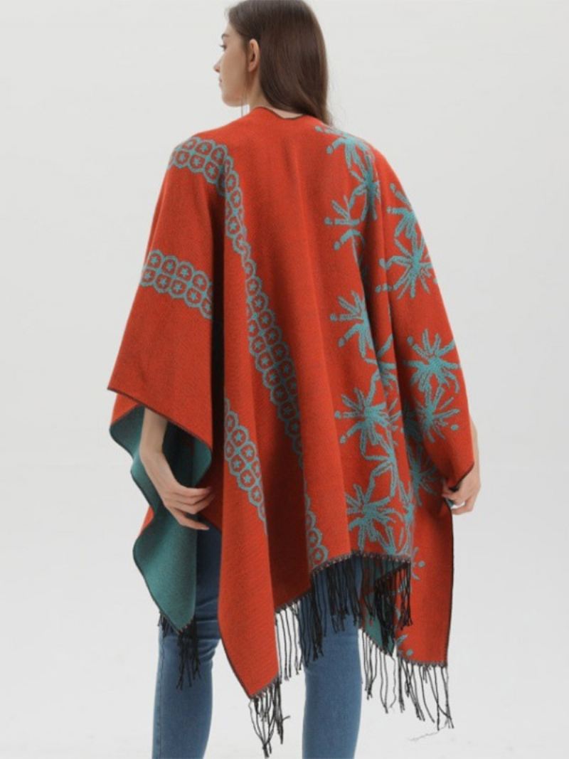 Dames Cape Color Block Oversized Etnische Stijl Herfst Winter Poncho - Oranje