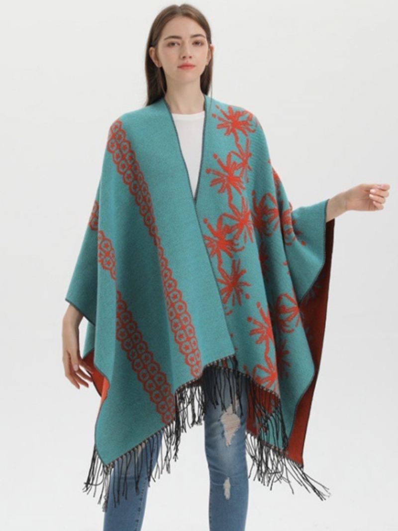 Dames Cape Color Block Oversized Etnische Stijl Herfst Winter Poncho - Oranje