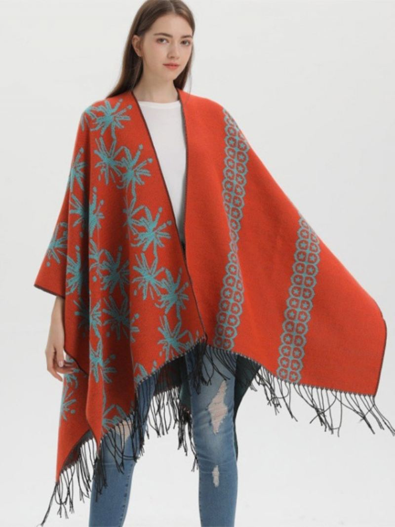 Dames Cape Color Block Oversized Etnische Stijl Herfst Winter Poncho - Oranje