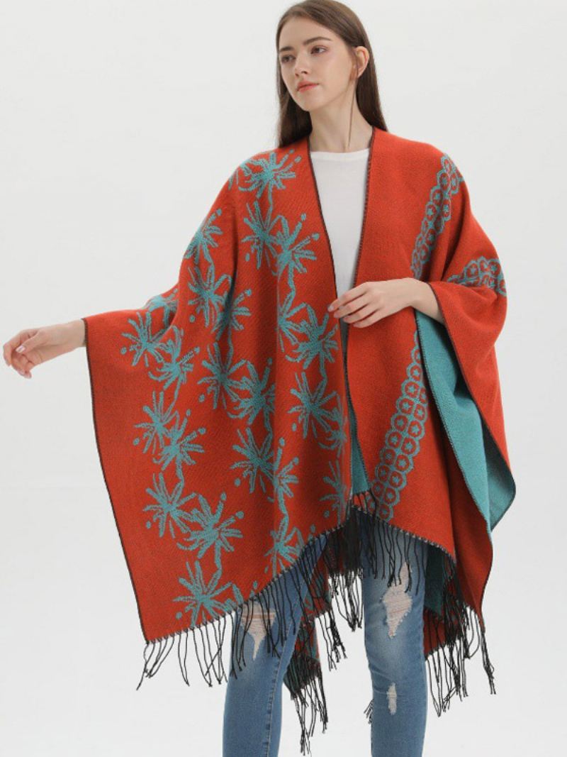 Dames Cape Color Block Oversized Etnische Stijl Herfst Winter Poncho - Oranje