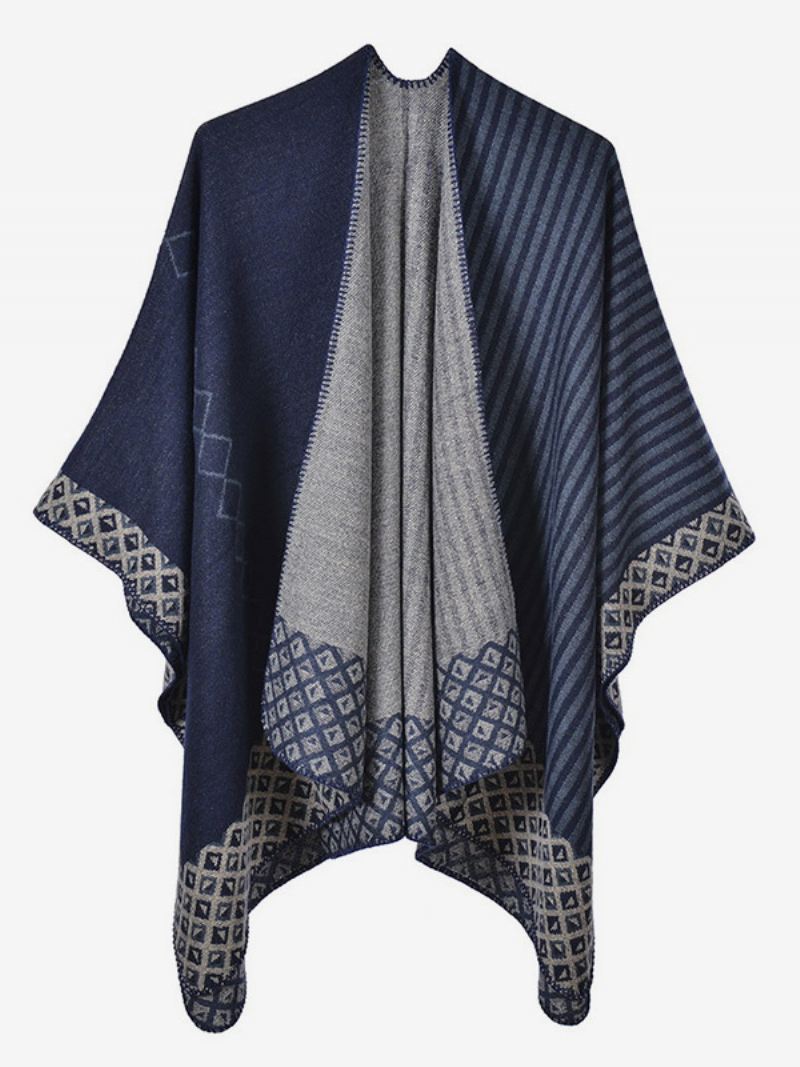 Dames Cape Geometrisch Kleurenblok Dagelijks Casual Herfst Winter Poncho - Donker Marineblauw