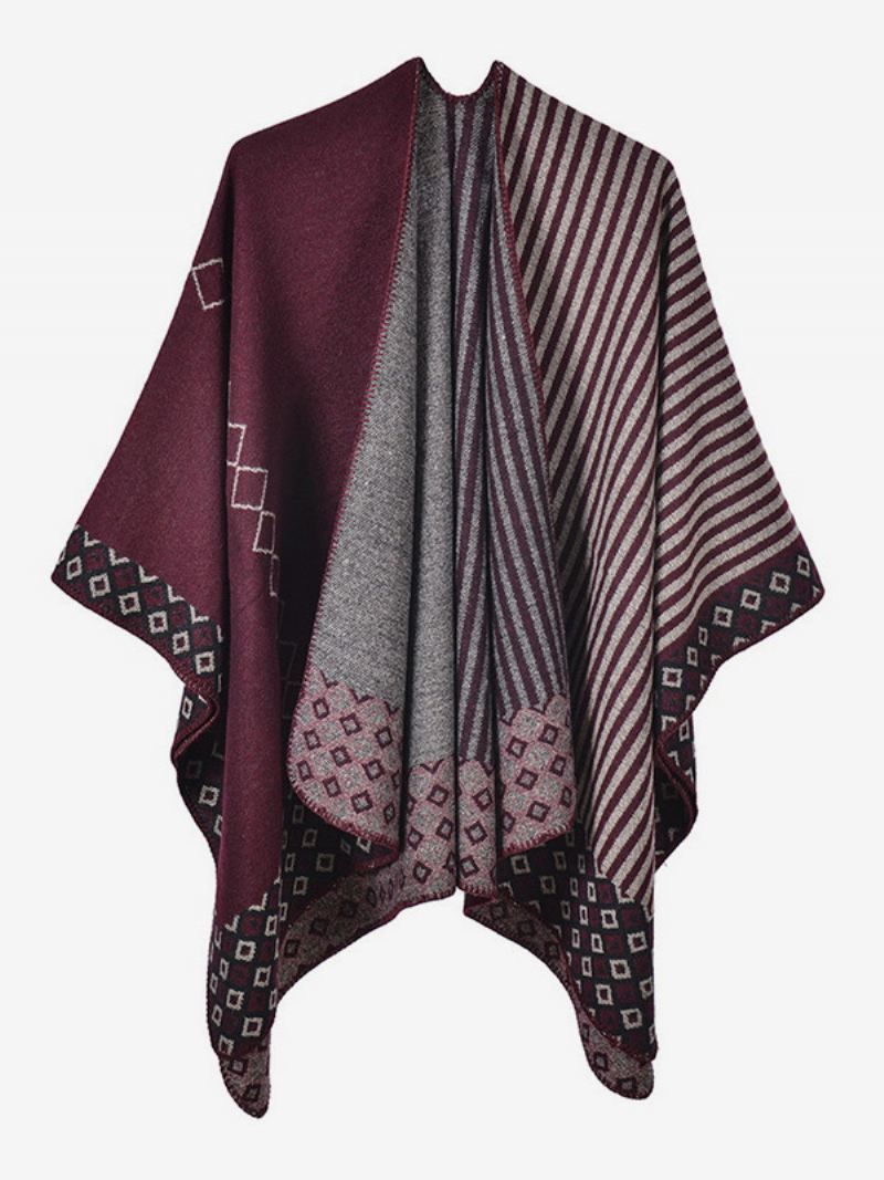 Dames Cape Geometrisch Kleurenblok Dagelijks Casual Herfst Winter Poncho - Bordeauxrood