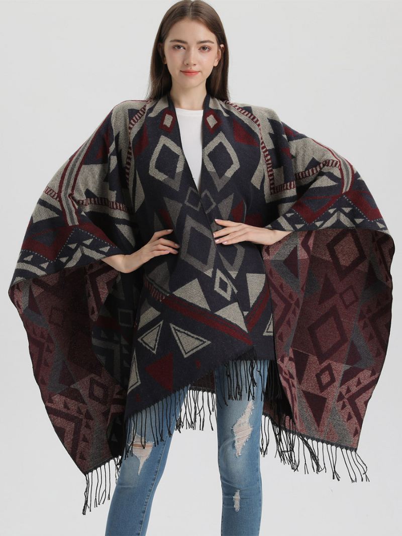 Dames Cape Geometrisch Met Franje Oversized Herfst-winterponcho