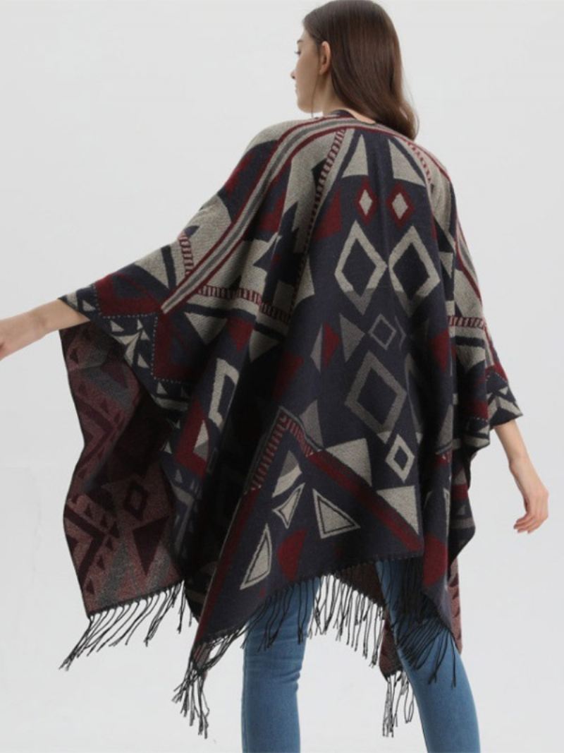 Dames Cape Geometrisch Met Franje Oversized Herfst-winterponcho - Donker Marineblauw