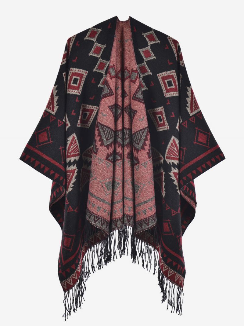 Dames Cape Geometrisch Met Franje Oversized Herfst-winterponcho - Bordeauxrood