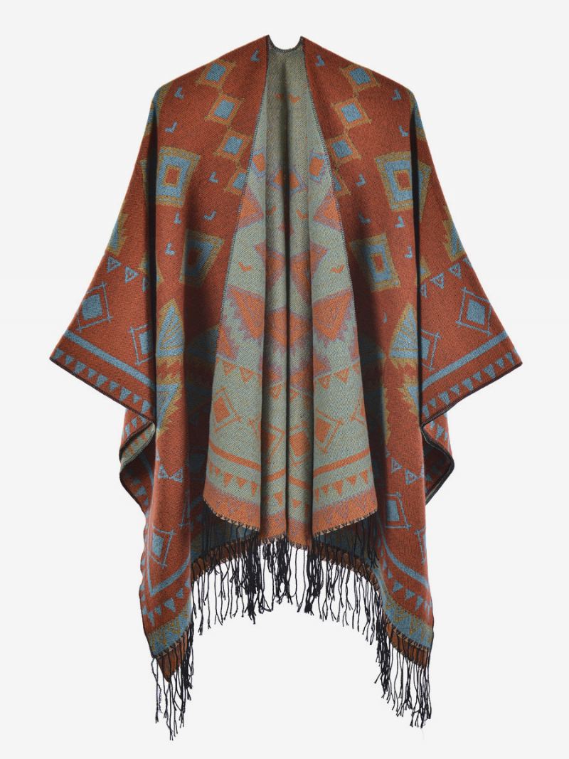 Dames Cape Geometrisch Met Franje Oversized Herfst-winterponcho - Oranje