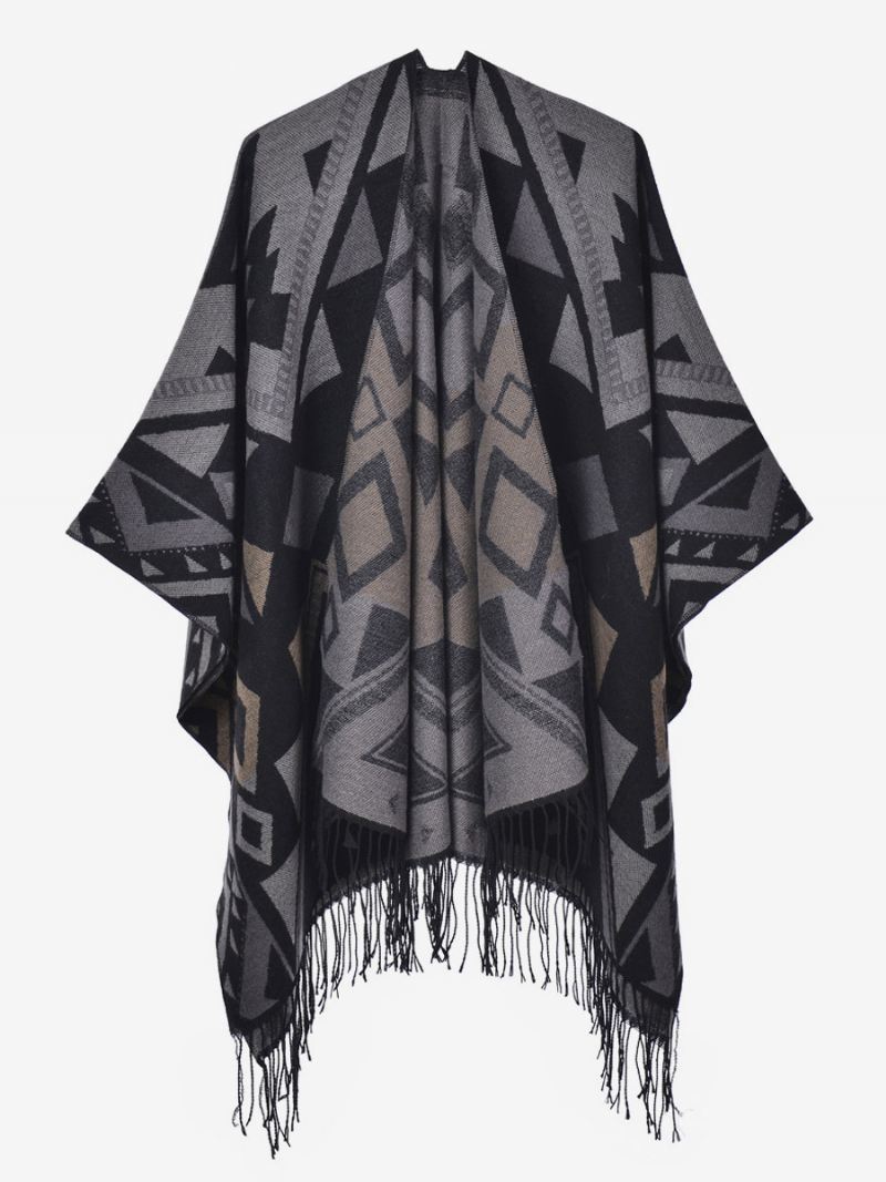 Dames Cape Geometrisch Met Franje Oversized Herfst-winterponcho - Zwart