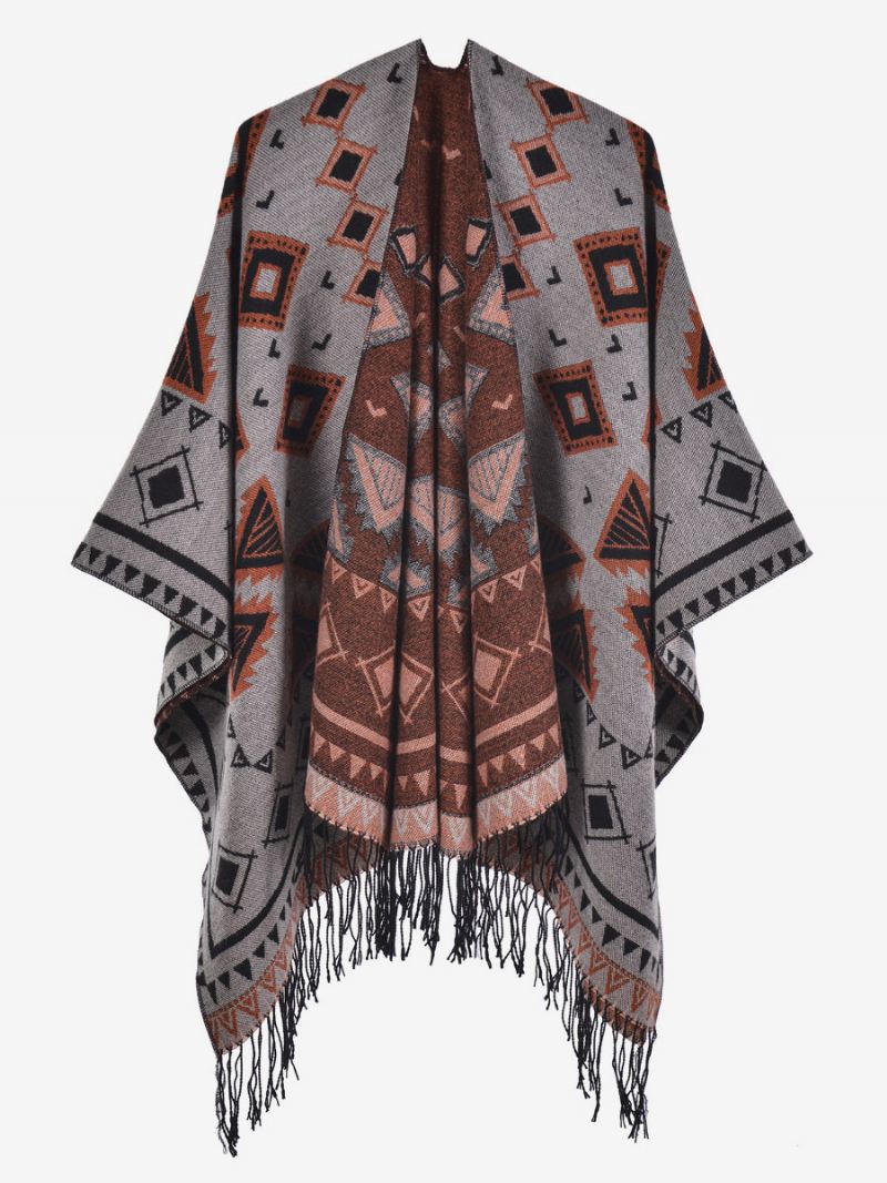 Dames Cape Geometrisch Met Franje Oversized Herfst-winterponcho - Wit