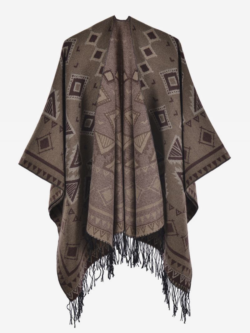 Dames Cape Geometrisch Met Franje Oversized Herfst-winterponcho - Kaki