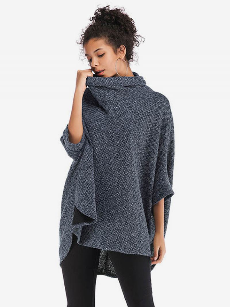 Dames Cape Met Halve Mouwen Hoge Kraag Oversized Casual Elegante Poncho - Donker Marineblauw