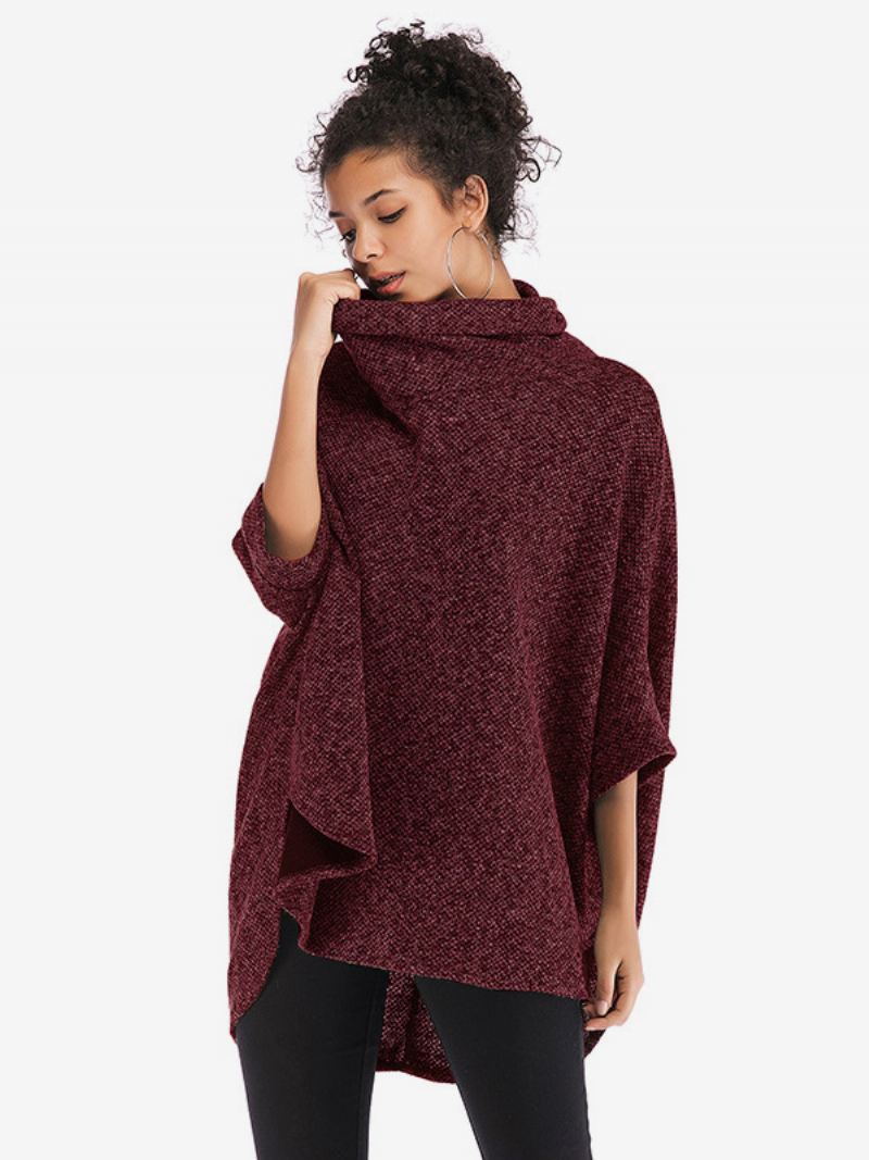 Dames Cape Met Halve Mouwen Hoge Kraag Oversized Casual Elegante Poncho - Bordeauxrood