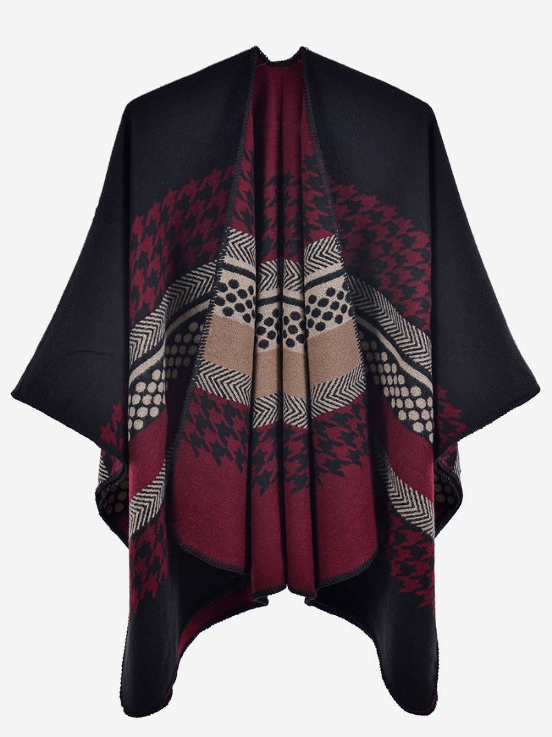 Dames Cape Plaid Kleurblok Dagelijks Casual Herfst Winter Poncho - Bordeauxrood