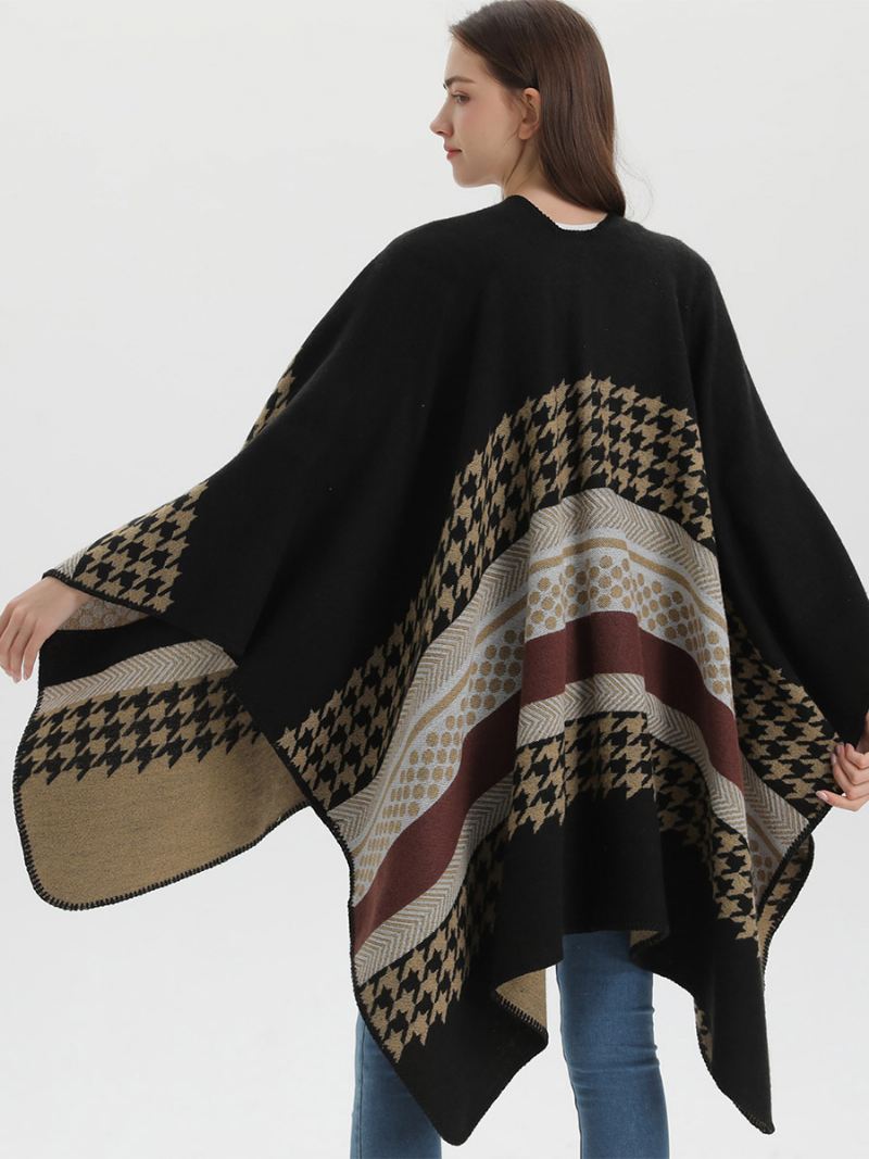 Dames Cape Plaid Kleurblok Dagelijks Casual Herfst Winter Poncho - Zwart