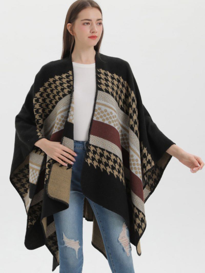 Dames Cape Plaid Kleurblok Dagelijks Casual Herfst Winter Poncho - Zwart