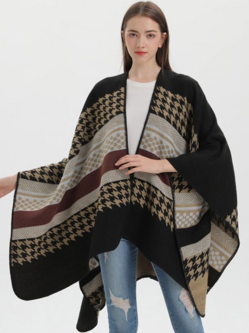 Dames Cape Plaid Kleurblok Dagelijks Casual Herfst Winter Poncho - Zwart