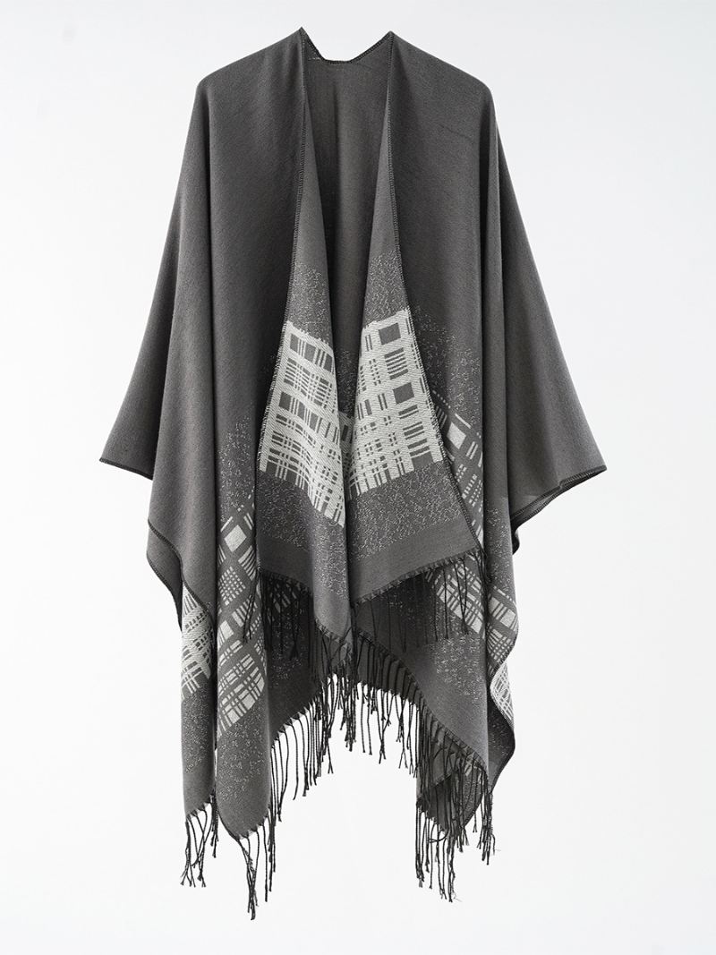 Dames Geruite Poncho Lente Herfst Dagelijks Casual Met Franje - Diepgrijs