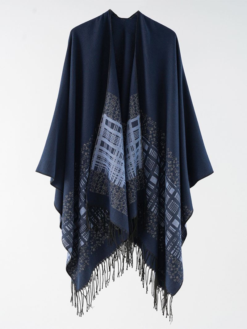 Dames Geruite Poncho Lente Herfst Dagelijks Casual Met Franje - Donker Marineblauw